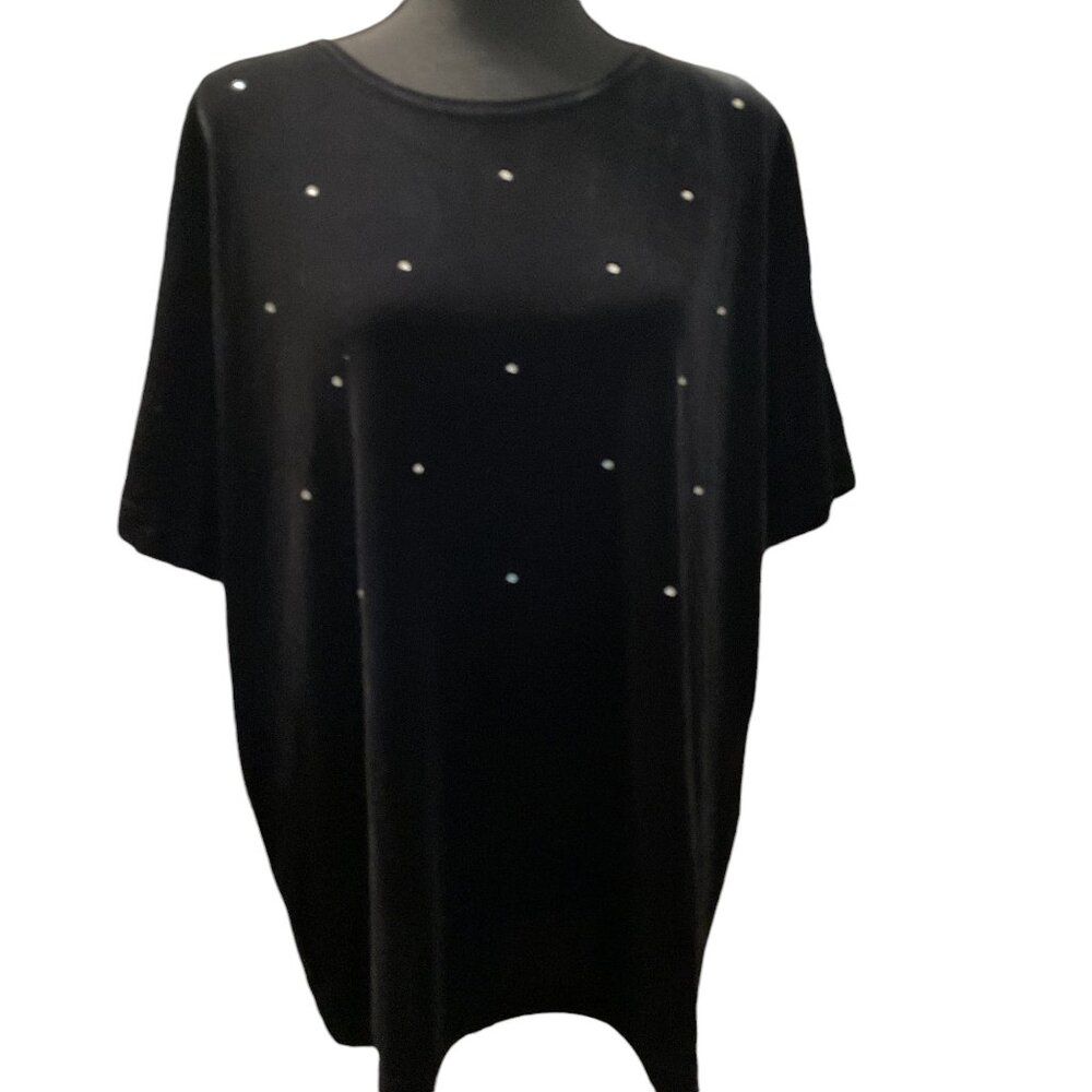 Quacker Factory Woman's Velvet Rhinestone Blouse Short sleeve L NWT Black NWOT